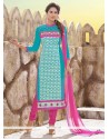 Adorning Chanderi Pink And Turquoise Resham Work Churidar Designer Suit