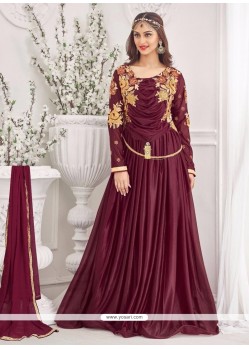 Luscious Maroon Lycra Lace Work Designer Gown