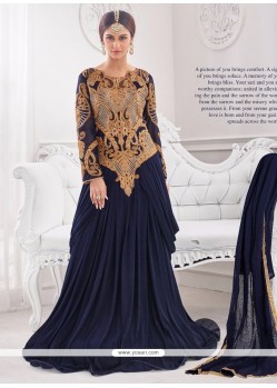 Navy Blue Lycra Lace Work Designer Gown