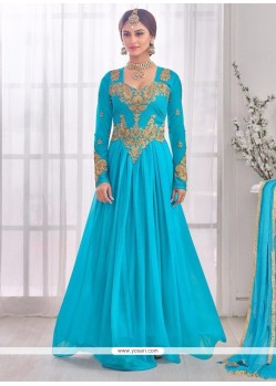 Turquoise Lycra Embroidered Work Designer Gown