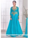 Turquoise Lycra Embroidered Work Designer Gown