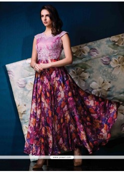 Multi Colour Satin Print Work Designer Gown