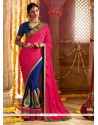 Splendid Patch Border Work Blue And Hot Pink Silk Designer Saree