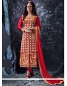 Flawless Cotton Red Resham Work Designer Straight Salwar Kameez