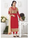 Delightsome Faux Chiffon Red Embroidered Work Churidar Designer Suit