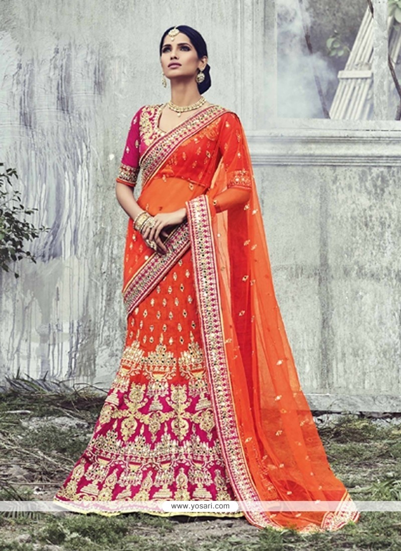 Luxurious Red And Cream Net Bridal Lehenga Saree -