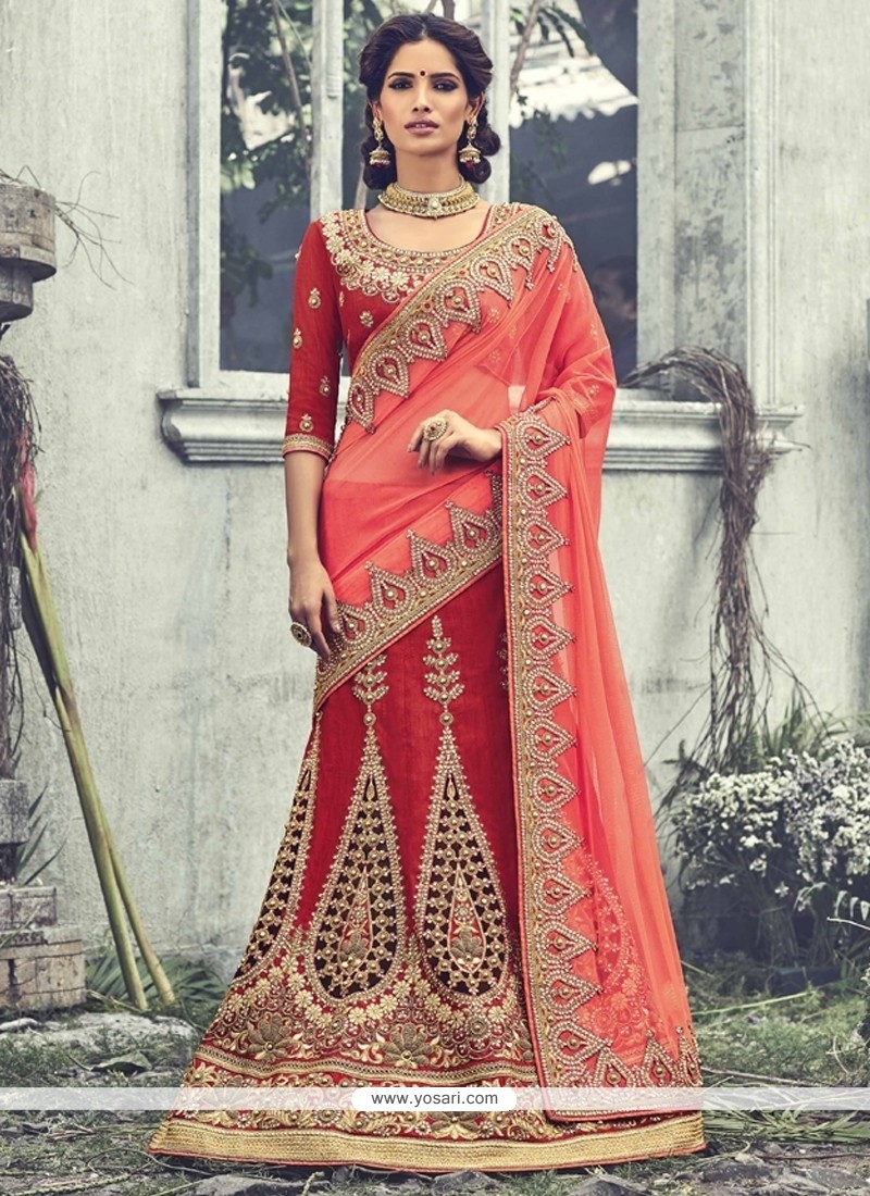 Heavy Bridal Red And Beige Lehenga Saree - Sarees Designer Collection