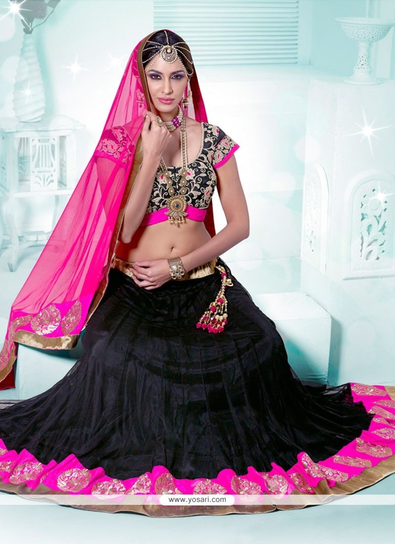 Amazing Black And Pink Embroidery Net Lehenga Choli