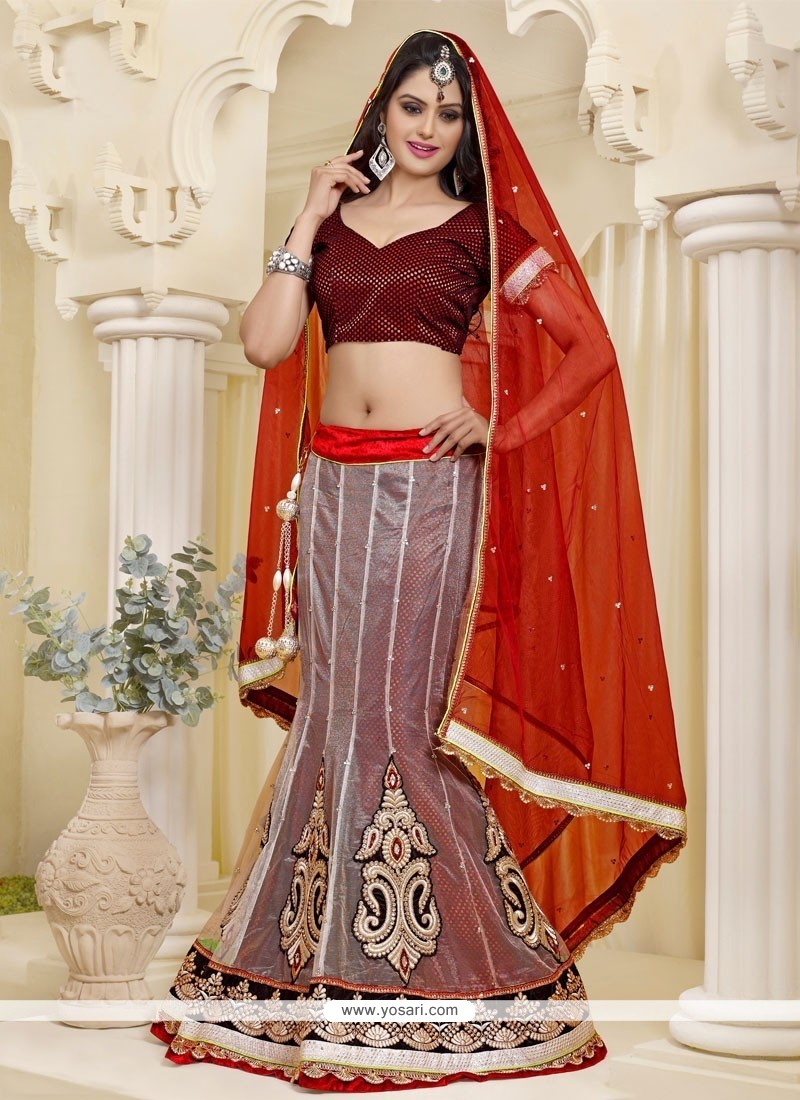 Attractive Red and White Net A-Line Lehenga Choli