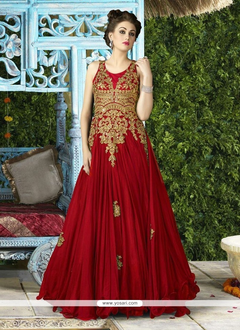 red embroidered gown