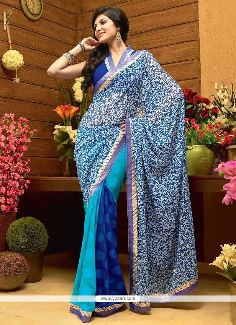 Imperial Blue And Off White Shaded Faux Chiffon Saree