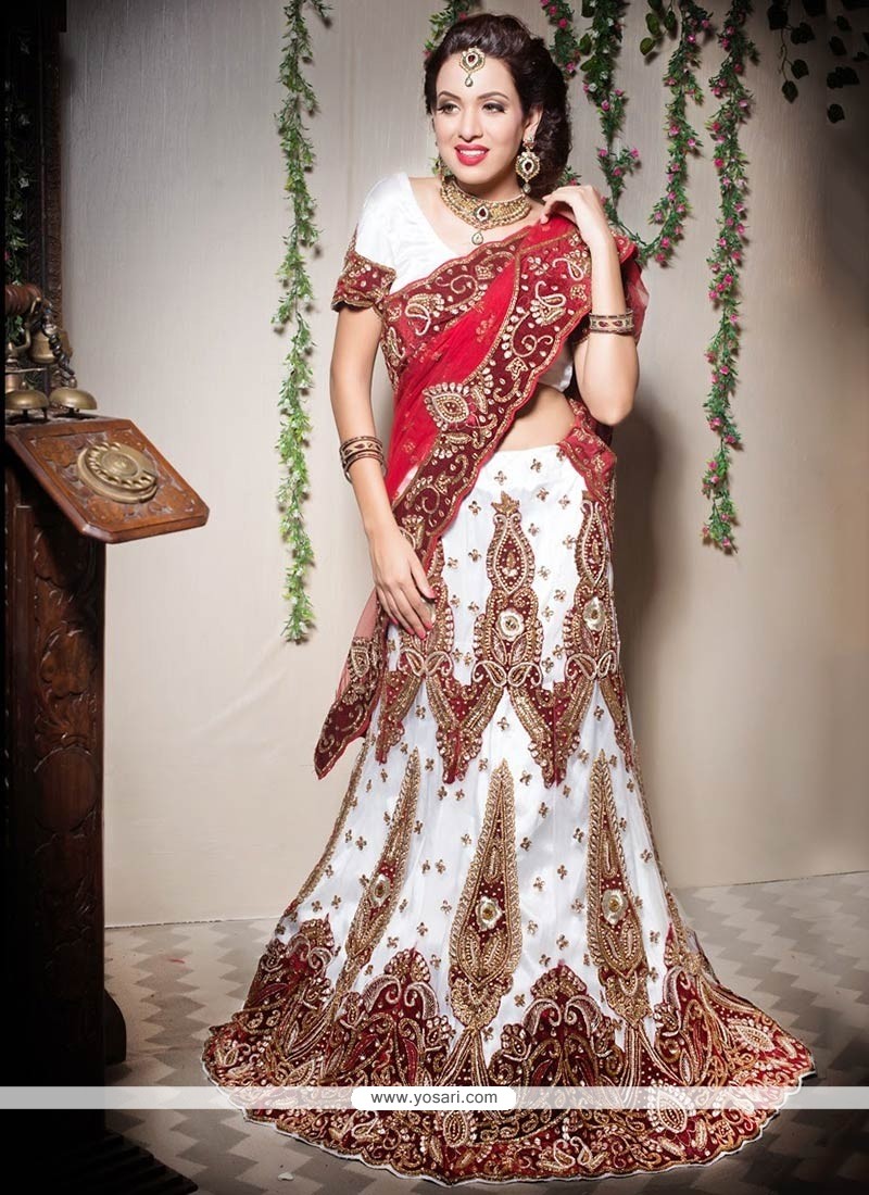 Excellent White And Red Net Bridal Lehenga Choli