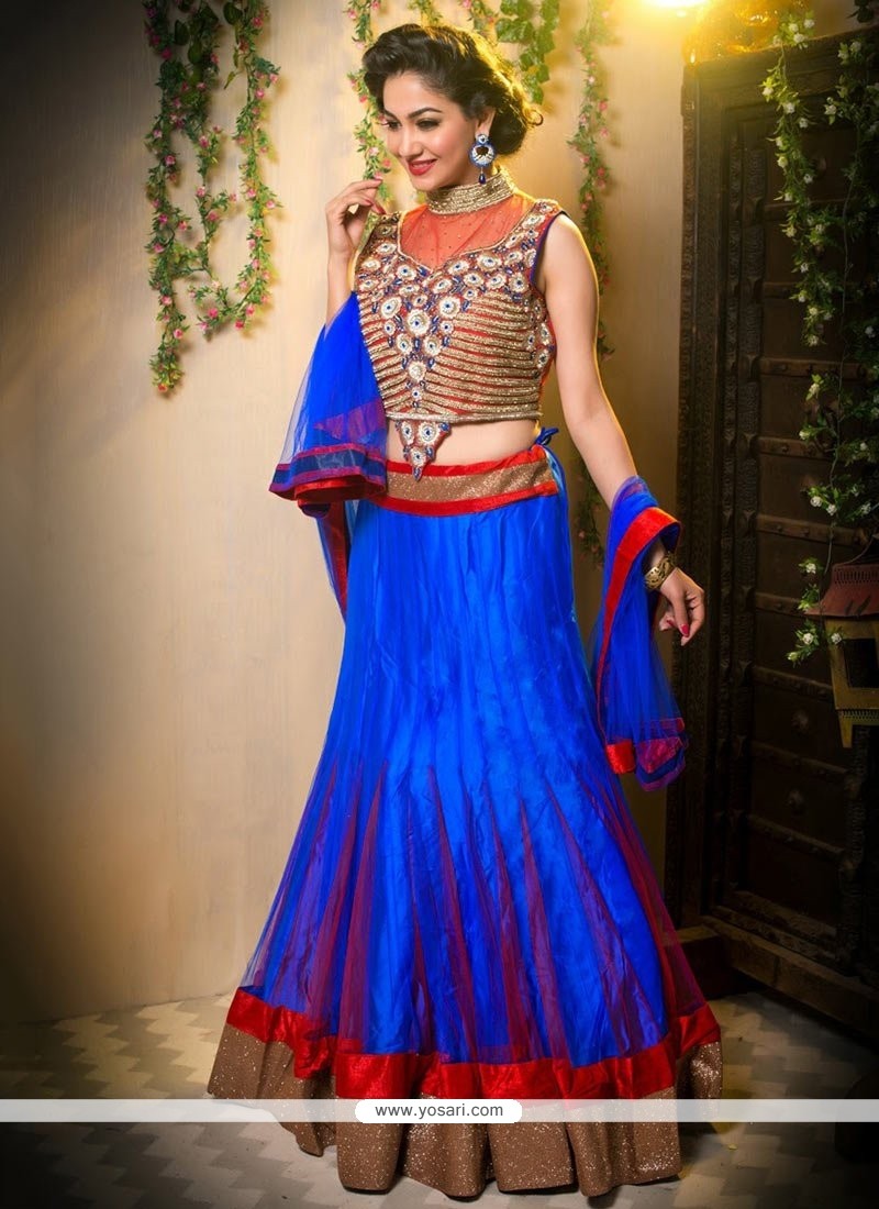 Blue And Red Stone Net Wedding Lehenga Choli