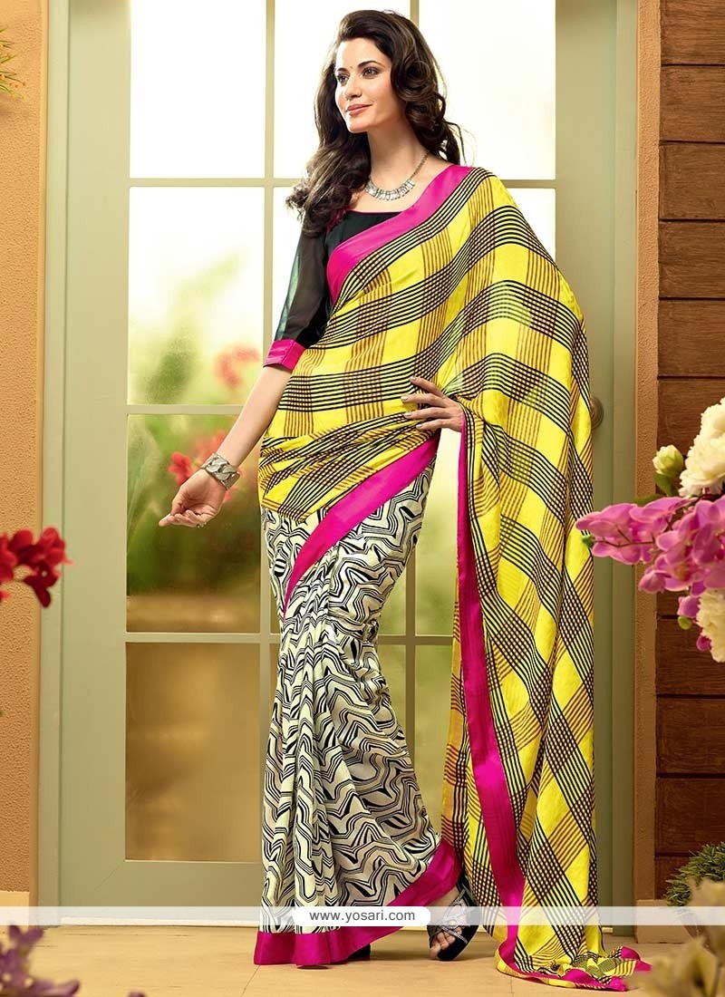Opulent Off White And Yellow Shaded Georgette Saree