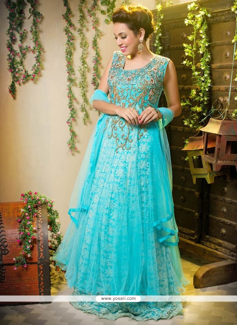 Turquoise Blue Shaded Net Long Gown Lehenga Choli