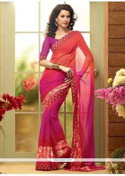 Observable Coral Red And Magenta Shaded Faux Georgette Saree