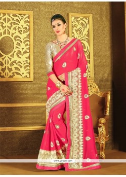 Renowned Hot Pink Embroidered Work Georgette Designer Saree