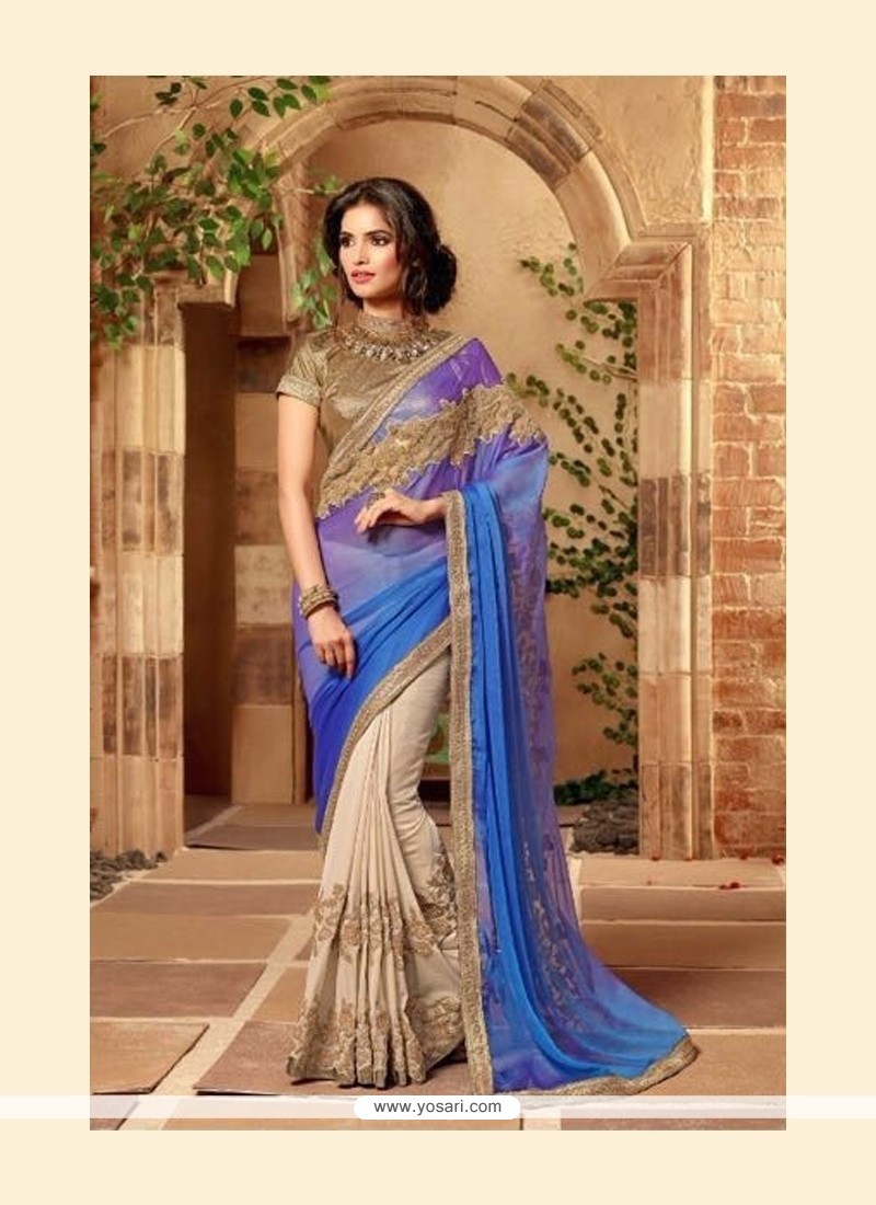 Imposing Patch Border Work Blue Net Designer Bridal Sarees