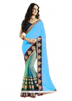 Absorbing Turquoise Embroidered Work Designer Saree