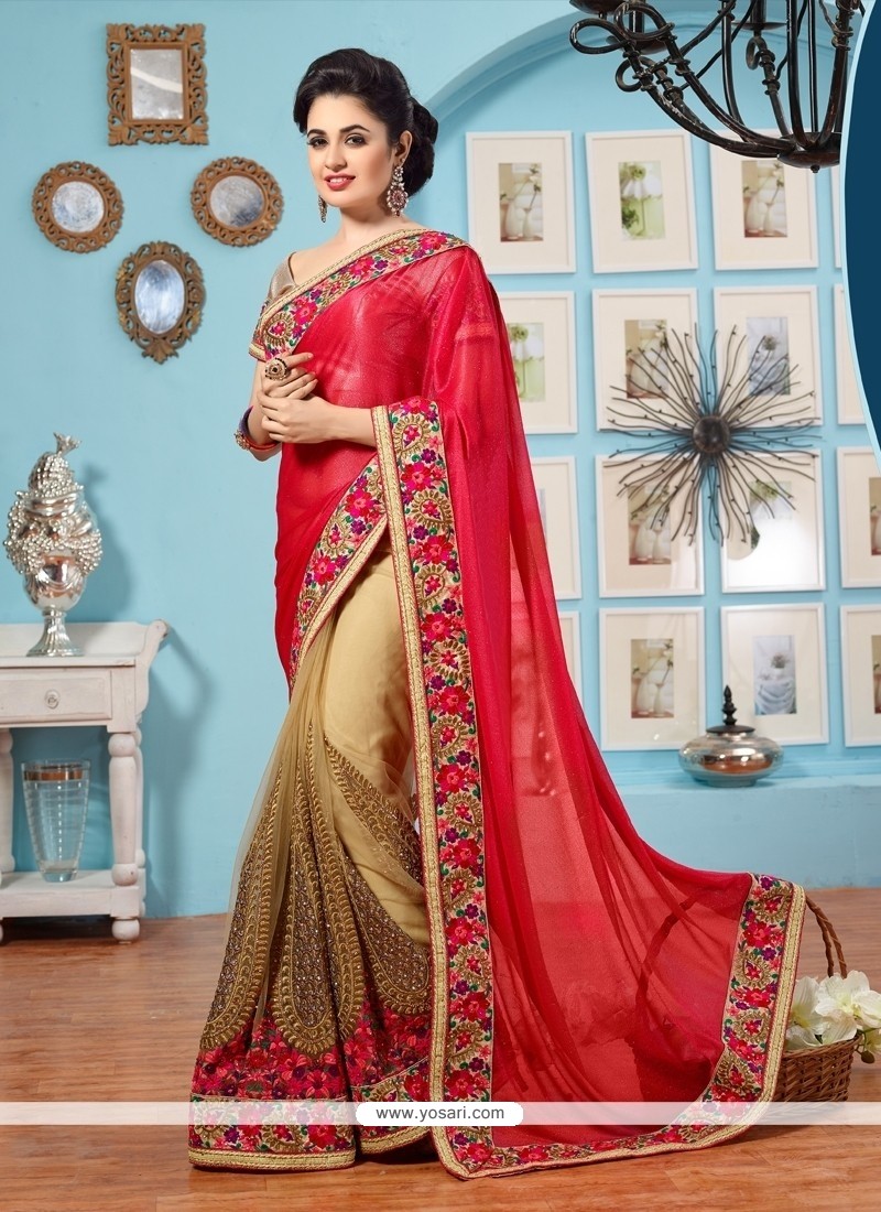 Gold And Red Patch Border Work Lycra Classic Designer Saree