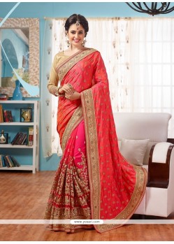 Outstanding Embroidered Work Hot Pink Net Classic Designer Saree