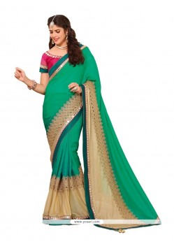 Conspicuous Shimmer Georgette Sea Green Embroidered Work Designer Saree