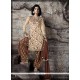Delightsome Lace Work Beige And Brown Bhagalpuri Silk Designer Patiala Salwar Kameez