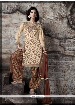 Delightsome Lace Work Beige And Brown Bhagalpuri Silk Designer Patiala Salwar Kameez