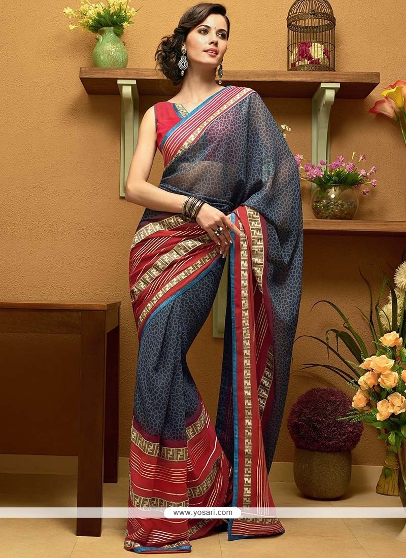 Flawless Grey Shaded Border Work Faux Georgette Saree