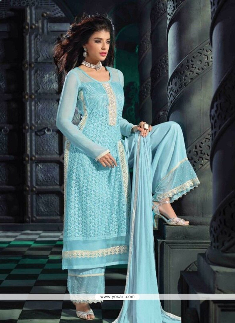 Glitzy Georgette Turquoise Embroidered Work Designer Suit