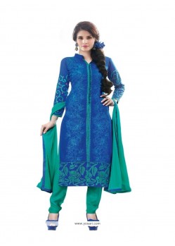 Ravishing Resham Work Cotton Satin Blue Designer Suit