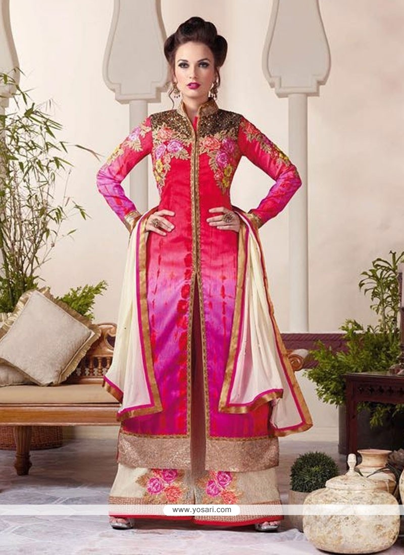 Outstanding Embroidered Work Red Raw Silk Designer Palazzo Salwar Suit