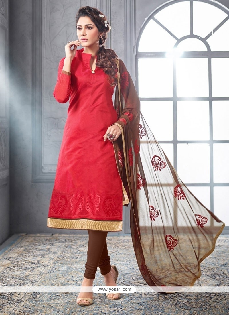Sparkling Chanderi Cotton Red Embroidered Work Churidar Designer Suit