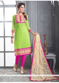 Monumental Chanderi Cotton Green Embroidered Work Churidar Designer Suit