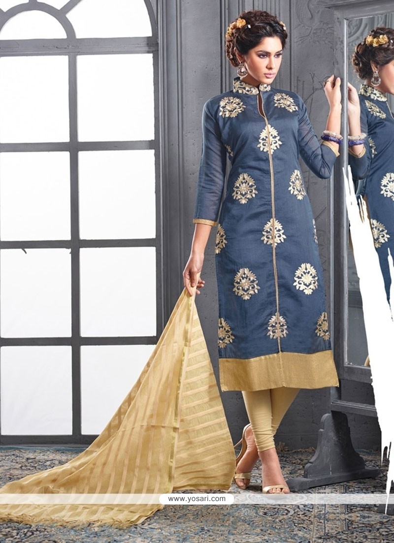 Tempting Grey Embroidered Work Chanderi Cotton Churidar Designer Suit