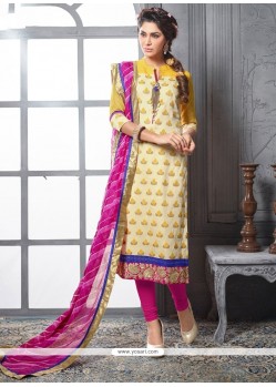 Modest Chanderi Cotton Cream And Hot Pink Lace Work Churidar Designer Suit