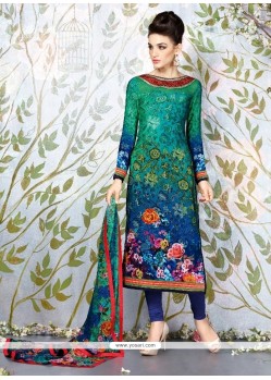 Exquisite Multi Colour Lace Work Faux Crepe Churidar Designer Suit