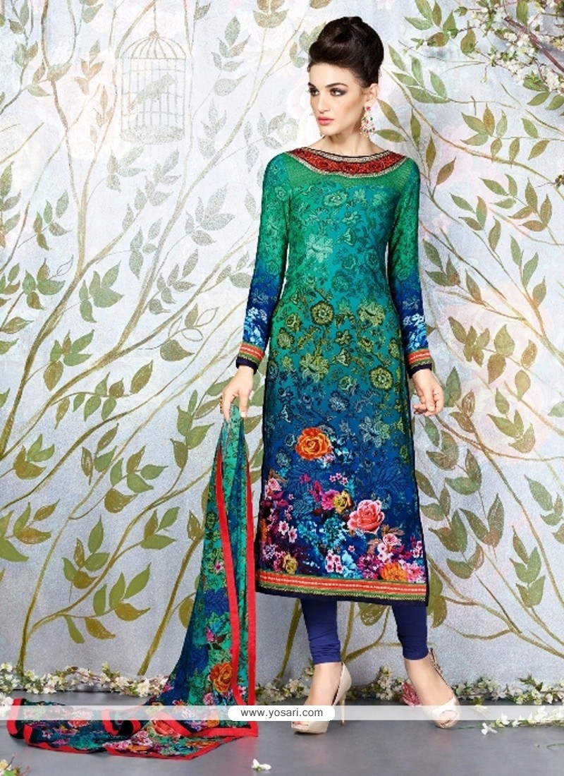 Exquisite Multi Colour Lace Work Faux Crepe Churidar Designer Suit