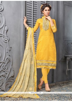 Cherubic Yellow Embroidered Work Chanderi Cotton Churidar Designer Suit
