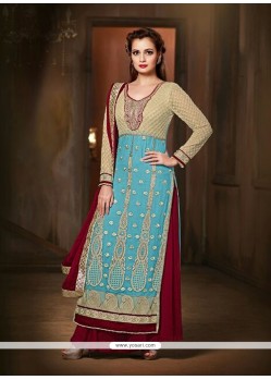 Diya Mirza Pure Chiffon Patch Border Work Blue Designer Suit