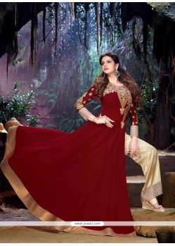 Zarine Khan Patch Border Work Maroon Designer Suit
