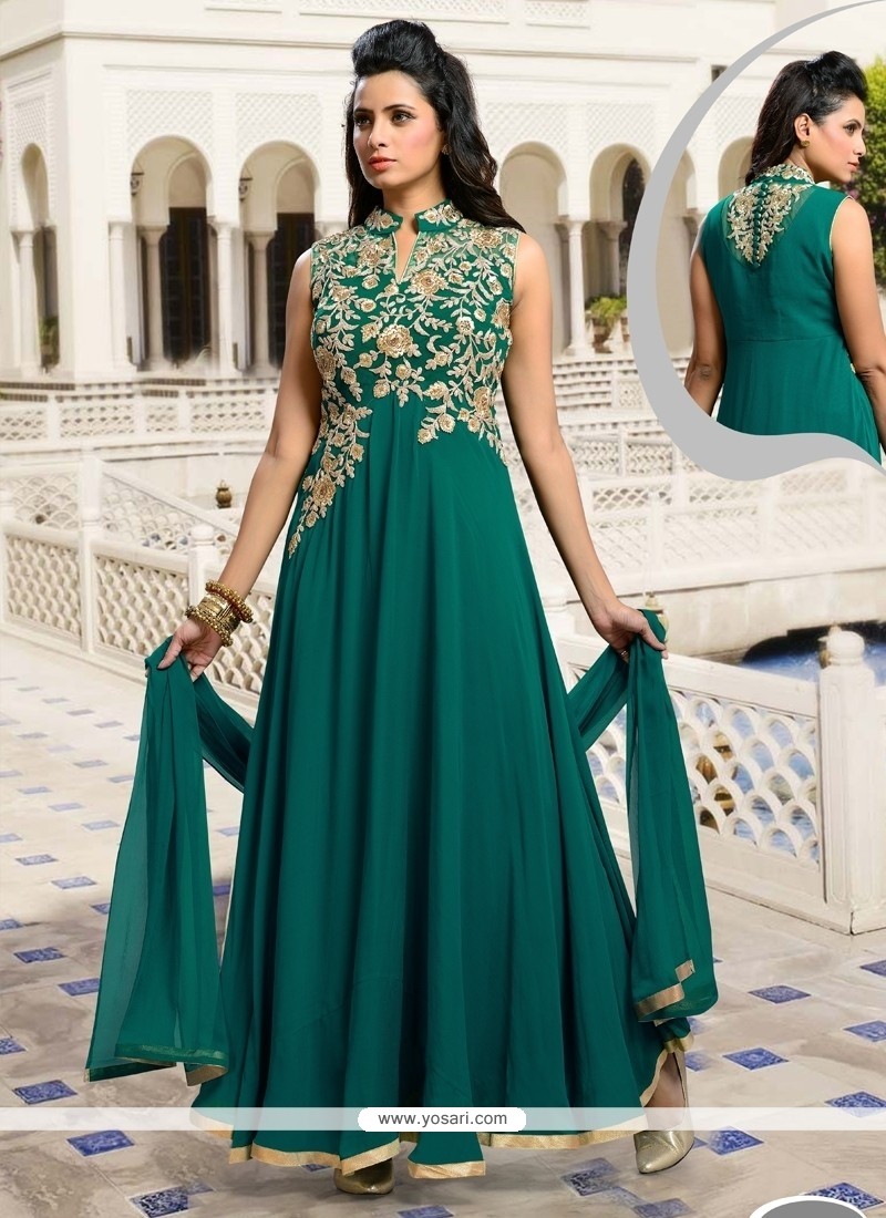 Conspicuous Satin Green Embroidered Work Designer Suit