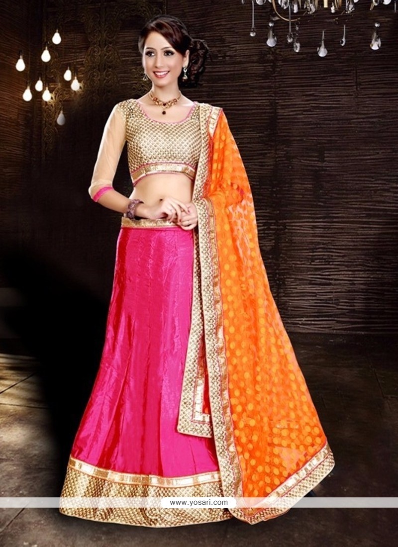 Magnificent Silk Hot Pink And Orange Embroidered Work A Line Lehenga Choli
