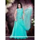 Conspicuous Turquoise Net Embroidered Work Designer Gown