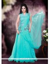 Conspicuous Turquoise Net Embroidered Work Designer Gown