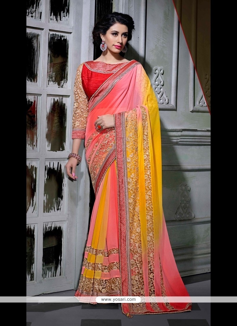 Alluring Georgette Pink And Yellow Designer Saree