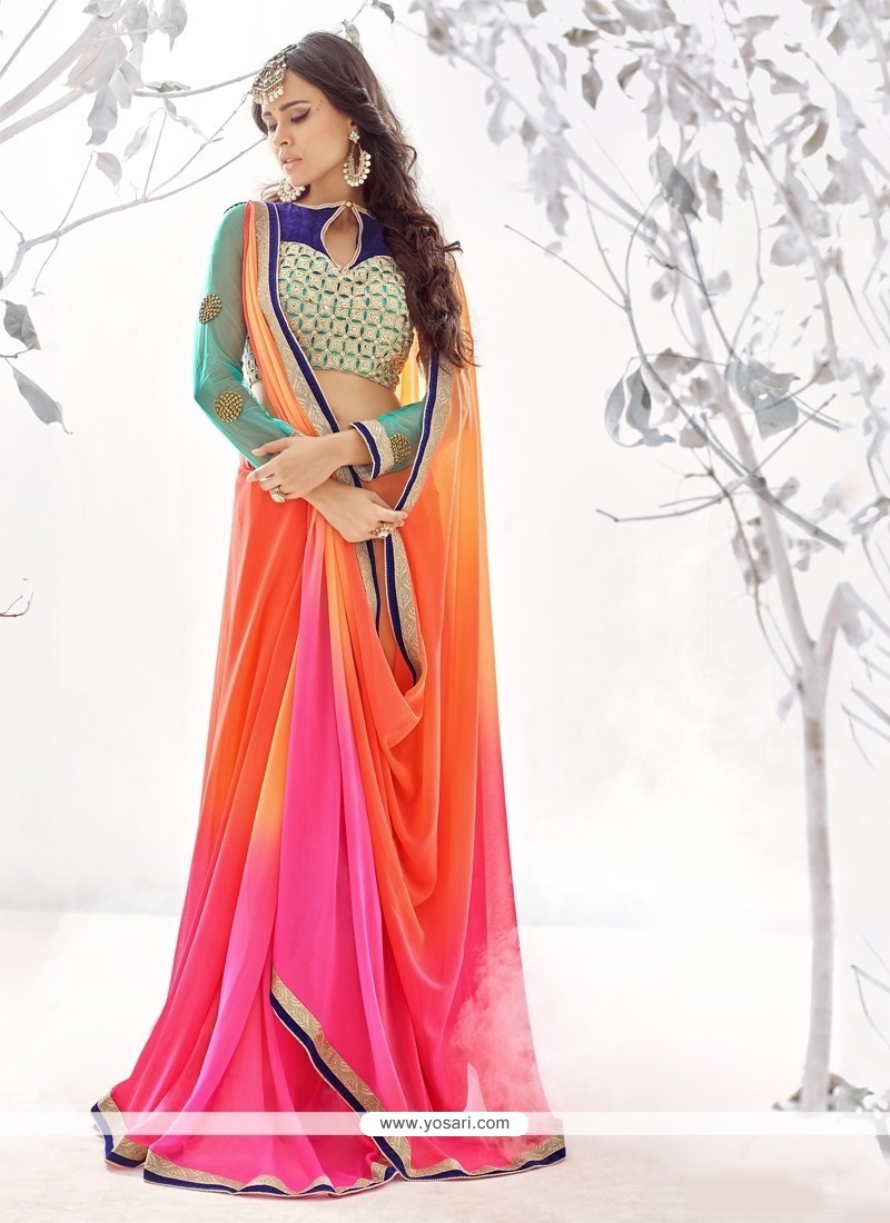 Jazzy Hot Pink And Orange Designer Saree
