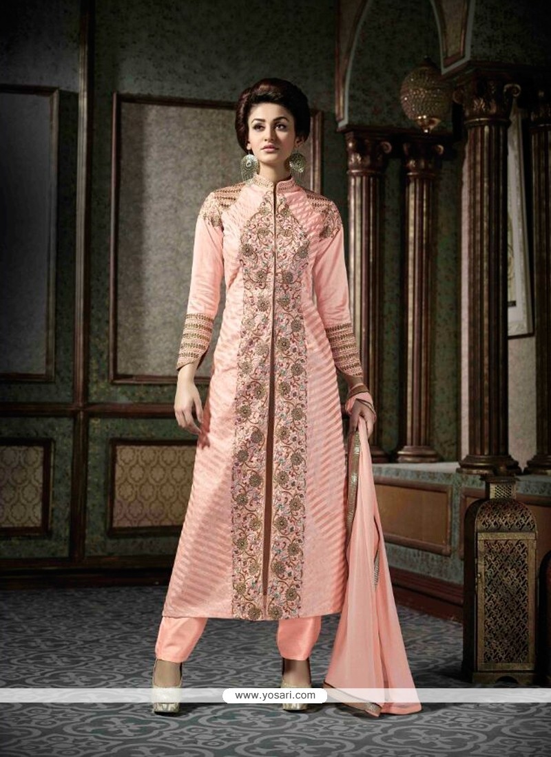 Grandiose Pink Patch Border Work Silk Designer Suit