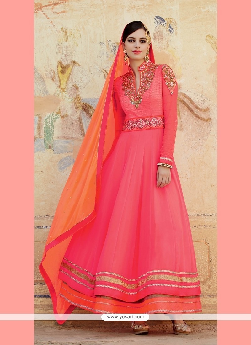 Impressive Resham Work Pink Georgette Designer Suit
