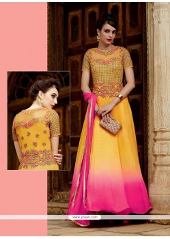 Resplendent Hot Pink And Yellow Embroidered Work Faux Chiffon Designer Suit